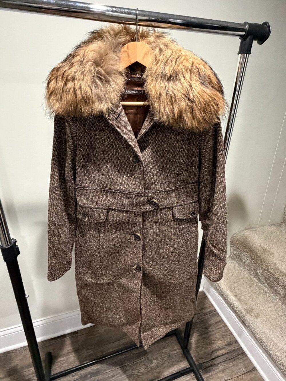 Andrew Marc Wool Coat w/ Real Raccoon Fur Collar Leather Trim Brown Size 6